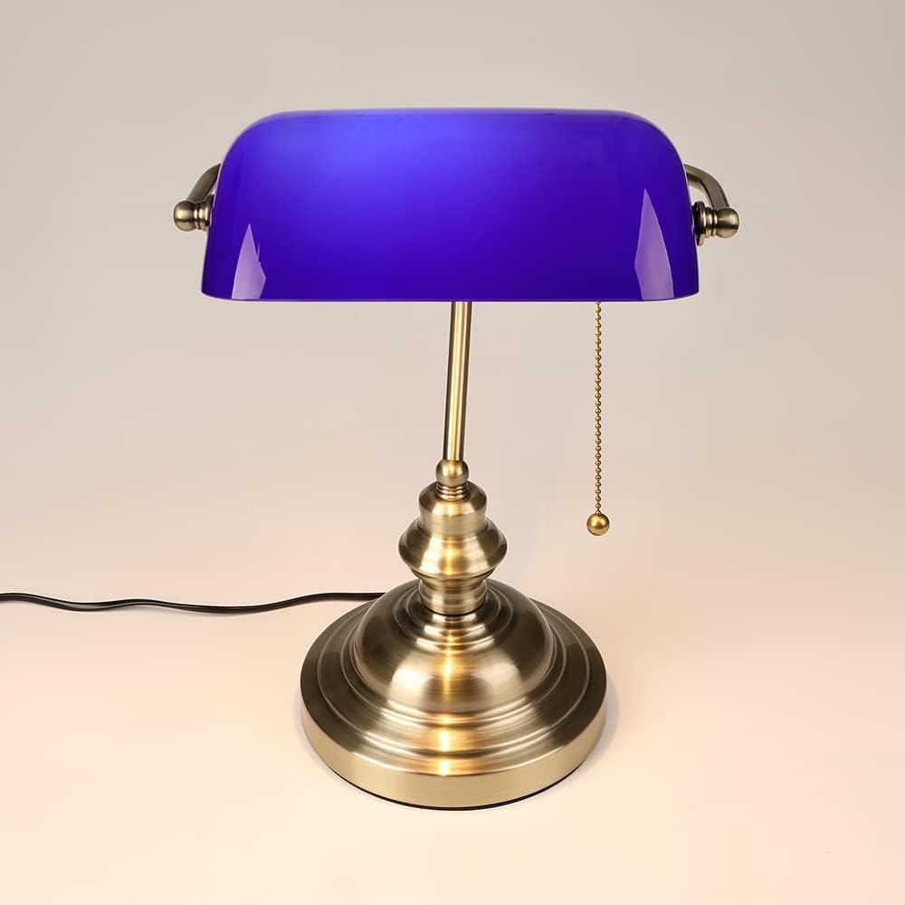 FIRVRE Lámpara de escritorio de cristal azul brillante ejecutiva lámpara de mesa base de acabado bronce con interruptor de cadena de tracción E26