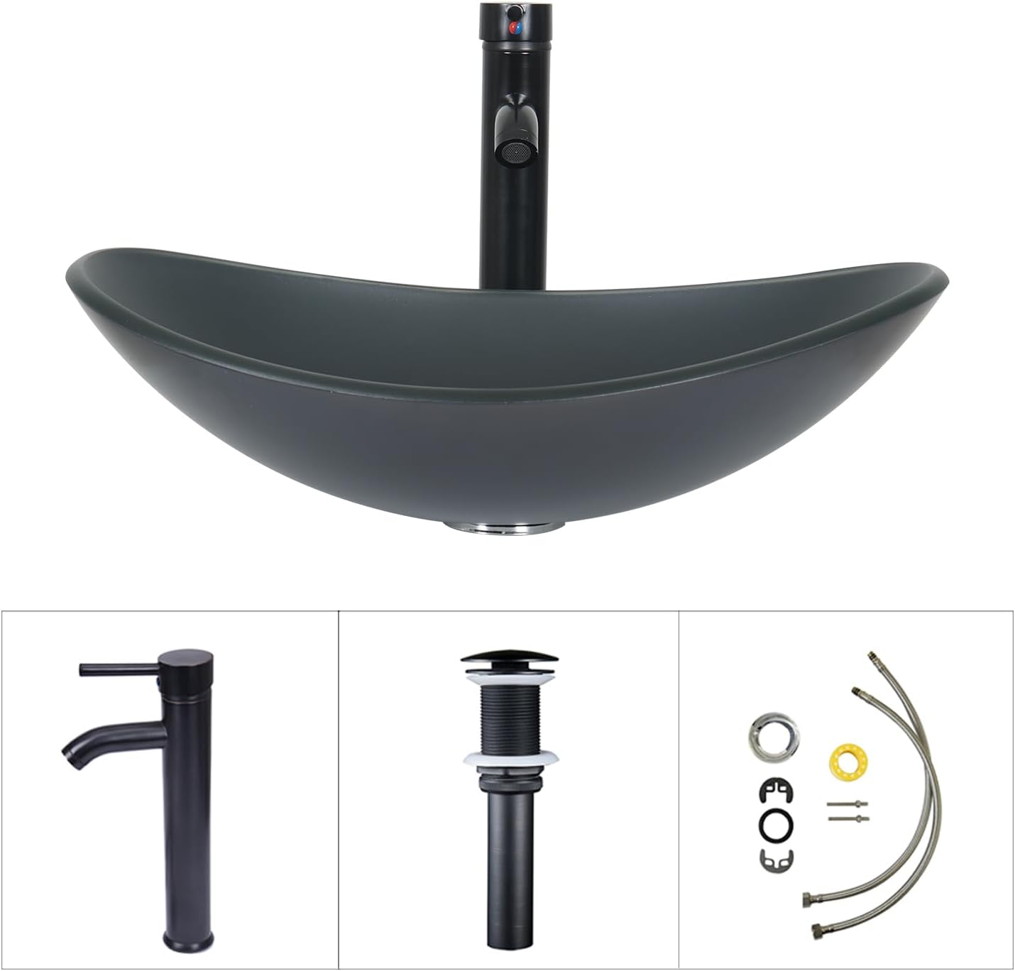 Puluomis Lavabo de vidrio con forma de barco para baño con grifo y drenaje emergente, color gris esmerilado