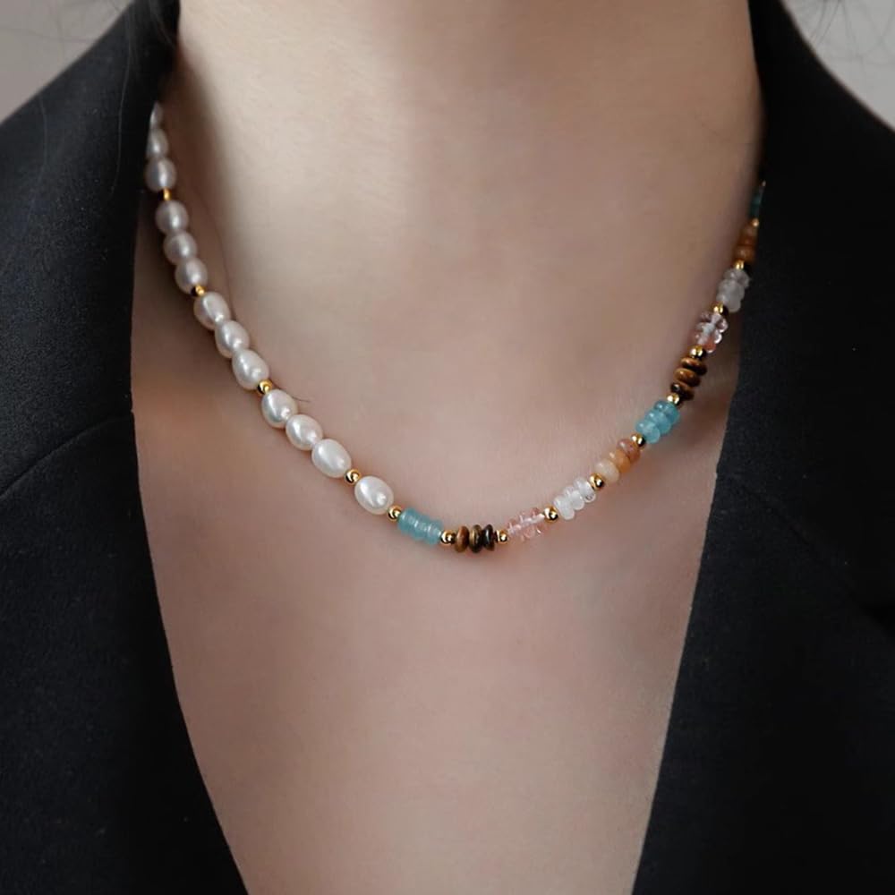 Freshwater Pearl Strand Necklace Tiger Eye Natural Gemstone Handmade Chain 18K Gold Jewelry Birthday Gift for Women 19inch Valentine Gift for Her