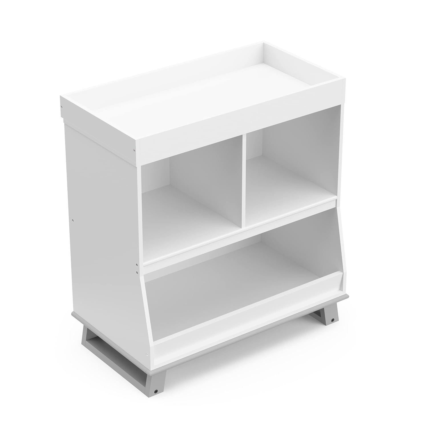 Storkcraft – Moderna mesa cambiadora con almacenamiento (blanco con gris guijarro)  Certificado GREENGUARD Gold, cambiador extraíble, se adapta a