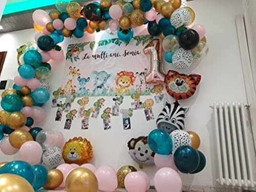 Since 105 piezas de suministros de fiesta temática de selva, verde, rosa, doble relleno, verde azulado, azul, dorado, confeti, globos de látex,