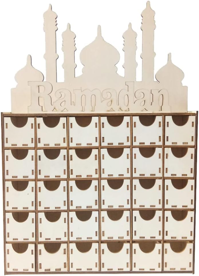 ULTNICE Calendario de Adviento de madera, calendario de cuenta regresiva de Eid Mubarak, cajón de madera, decoración de Ramadán musulmán para