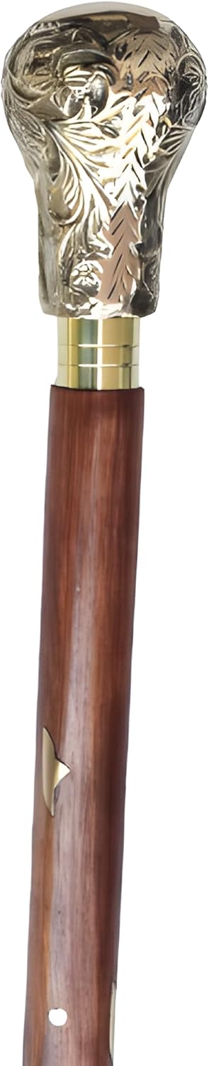 Pomo largo decorativo de latón brillante con eje decorativo de madera natural, fuerte y resistente, hermoso bastón de madera para fiesta