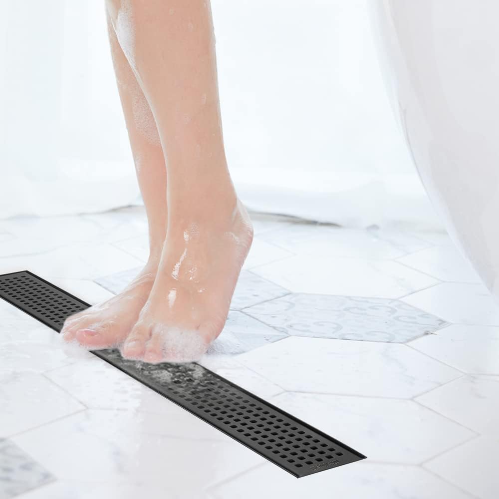Neodrain Drenaje de ducha lineal negro de 18 pulgadas con rejilla extraíble de patrón cuadrado, fabricante profesional de drenaje de piso de ducha