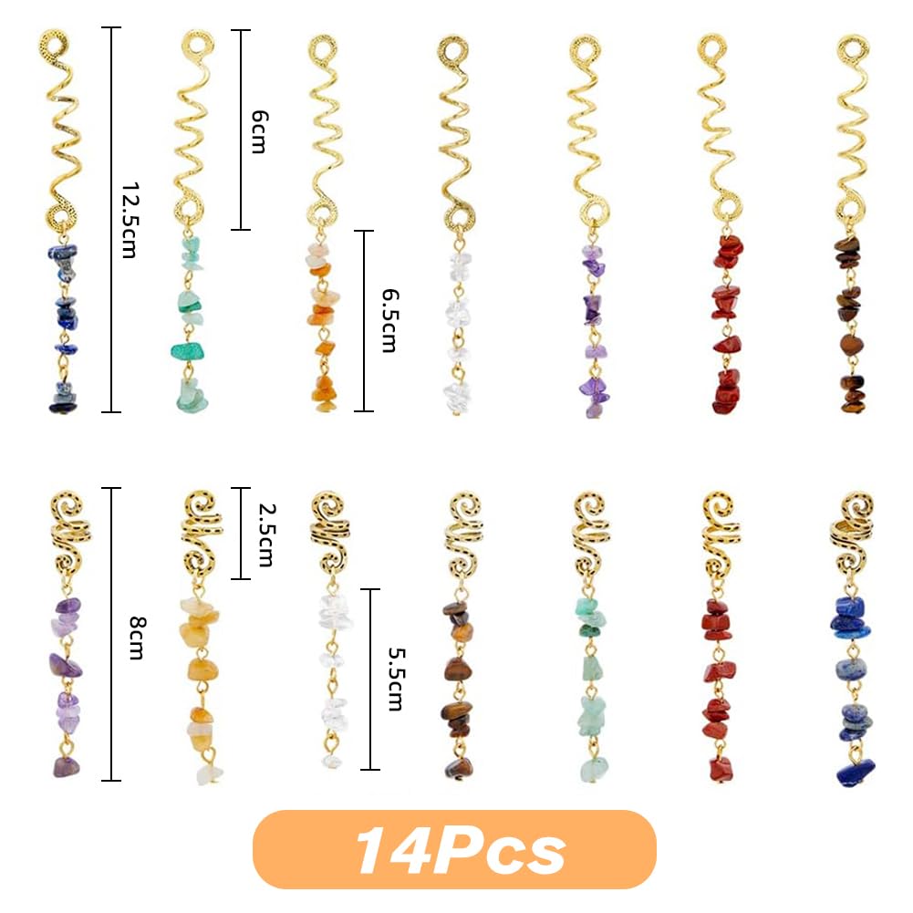 SUPERFINDINGS Pinza para el cabello, 14 piezas de 7 colores trenzas, joyería para el cabello con colgante de piedra natural, joyería de cristal en