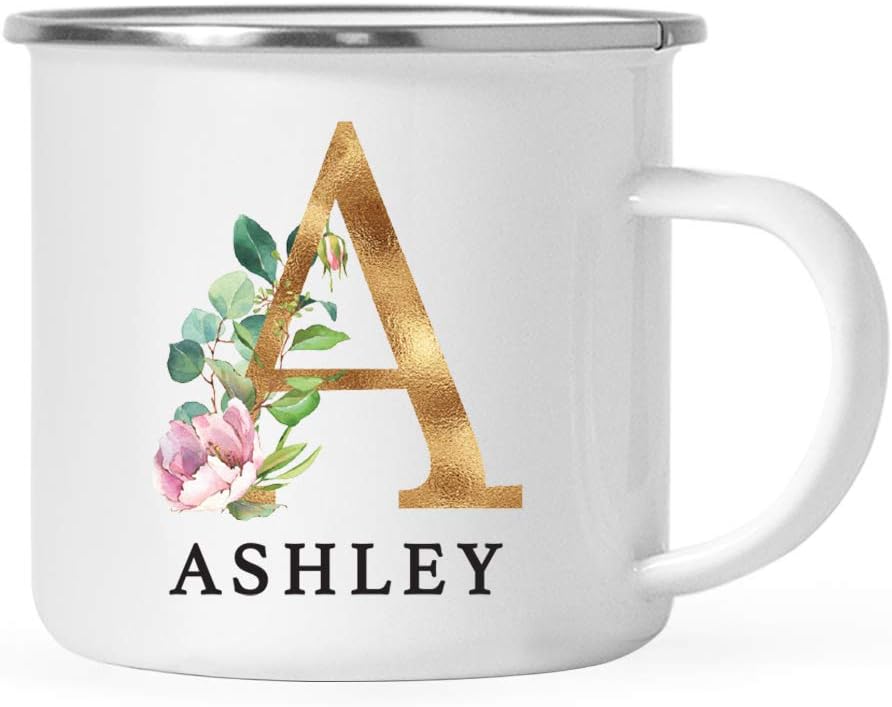 Andaz Press Taza de té personalizada de acero inoxidable de 11 onzas, regalo de taza de café con monograma de floración exuberante, nombre