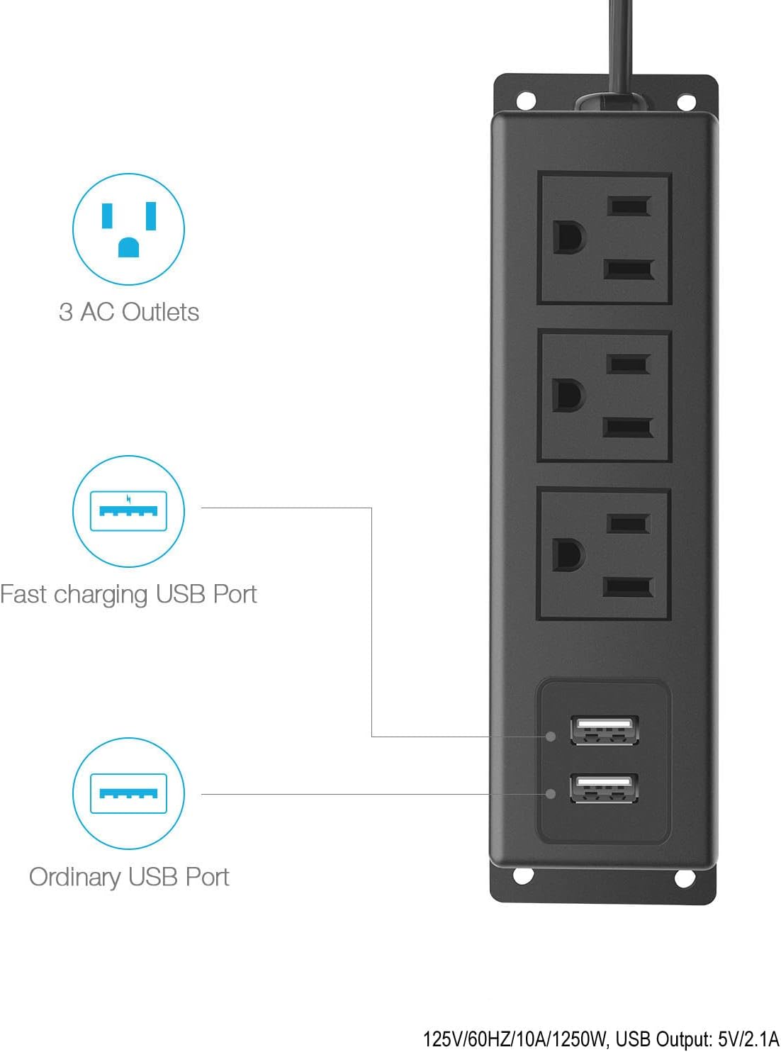 CCCEI Regleta de toma de corriente de montaje en pared con USB, enchufe plano grande para colocar debajo del escritorio, regleta de alimentación de