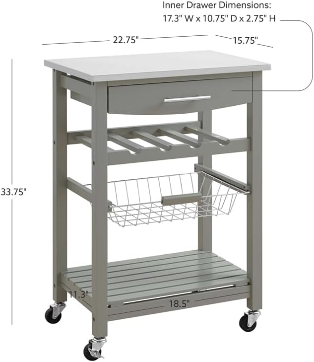 Carrito de microondas de isla de cocina rodante de madera de pino con almacenamiento en gris
