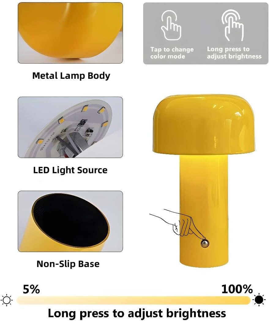 Lámpara de mesa inalámbrica con forma de hongo, lámpara de mesa portátil, lámpara táctil moderna recargable regulable, lámpara de noche pequeña,