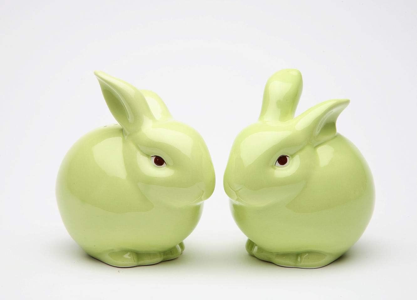 Juego de salero y pimentero de conejo de primavera verde de cerámica fina, 3-34 pulgadas de alto