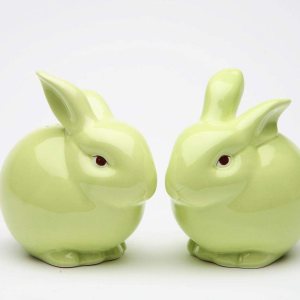 Juego de salero y pimentero de conejo de primavera verde de cerámica fina, 3-34 pulgadas de alto Juego de salero y pimentero de conejo de primavera verde de cerámica fina, 3-34 pulgadas de alto