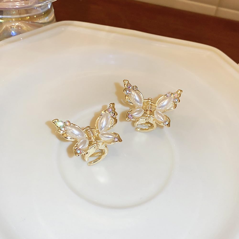 4 pinzas para el pelo de mariposa con diamantes de imitación de cristal, color dorado y plateado con perlas de mariposa, pinzas pequeñas de metal