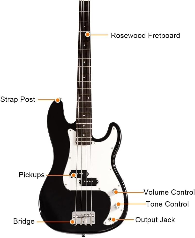 Raptor 34 Tamaño 38 pulgadas Niños 4 Cuerdas Electric P Bass Negro. Paquete completo con amplificador de 5 W, bolsa, correa, cable, púas