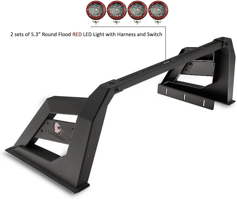 Barra antivuelco Black Horse Armour incluye juego de luces LED de 5.3 pulgadas de diámetro con anillos de ribete rojo negro mate compatible con