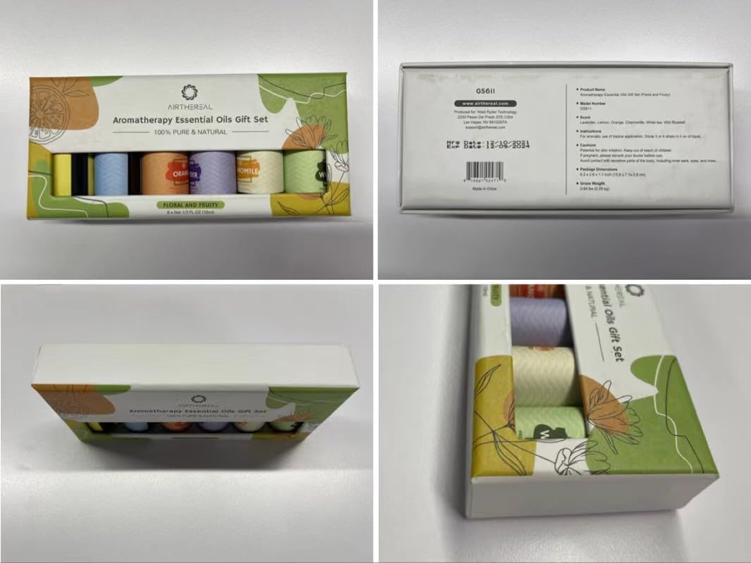 Airthereal Juego de regalo de aceites esenciales, colección floral y frutal, 100% natural puro, 6 aromas, botellas de 0.3 fl oz (0.3 fl oz),
