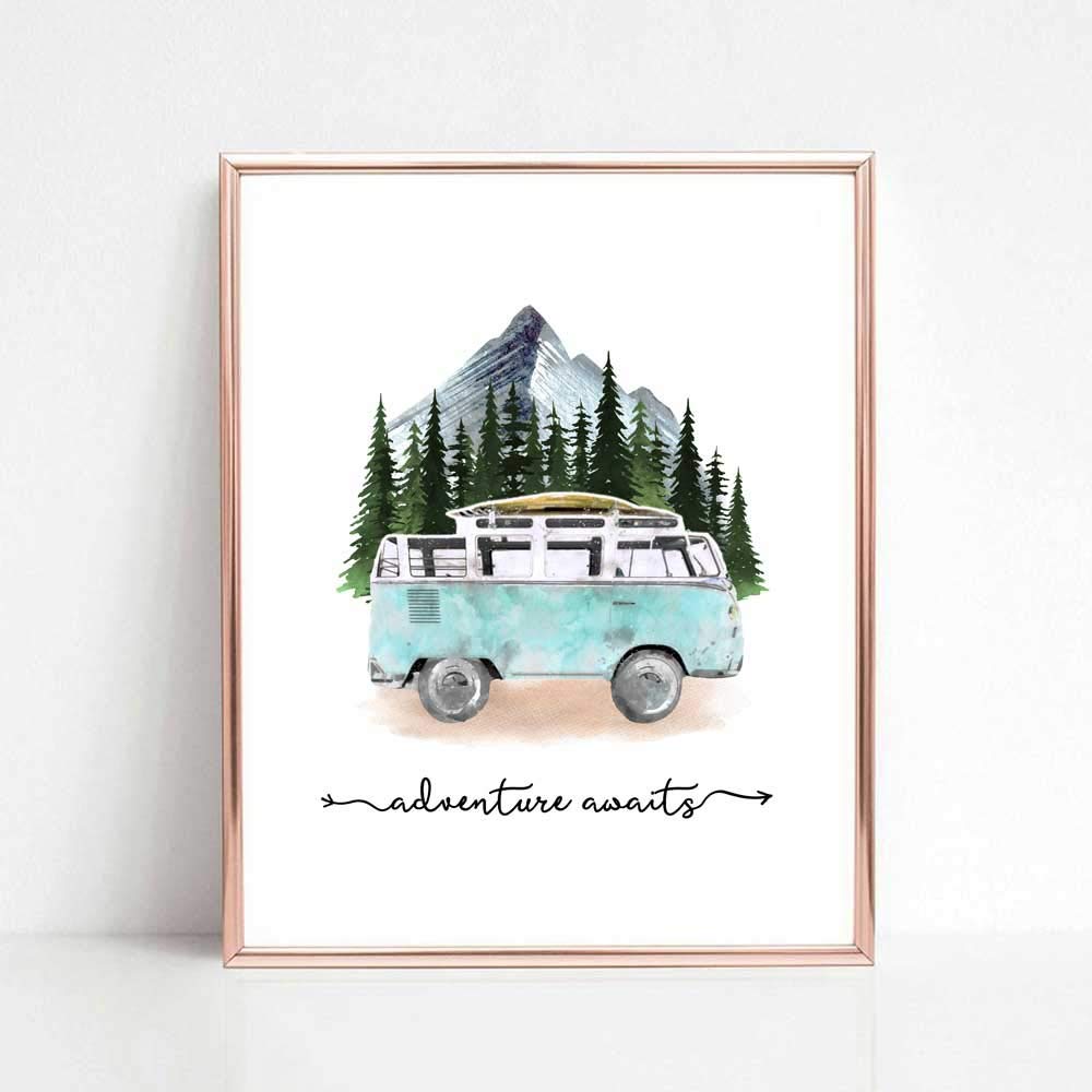 Adventure Awaits Art Print Travel Poster Mountain Wall Decor Blue Tour Bus Painting Wanderlust Gift for Traveler 8×10 inch No Frame