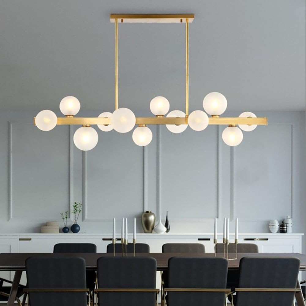Lámpara de araña lineal moderna para isla de cocina con pantalla de vidrio blanco claro en oro (12 luces)