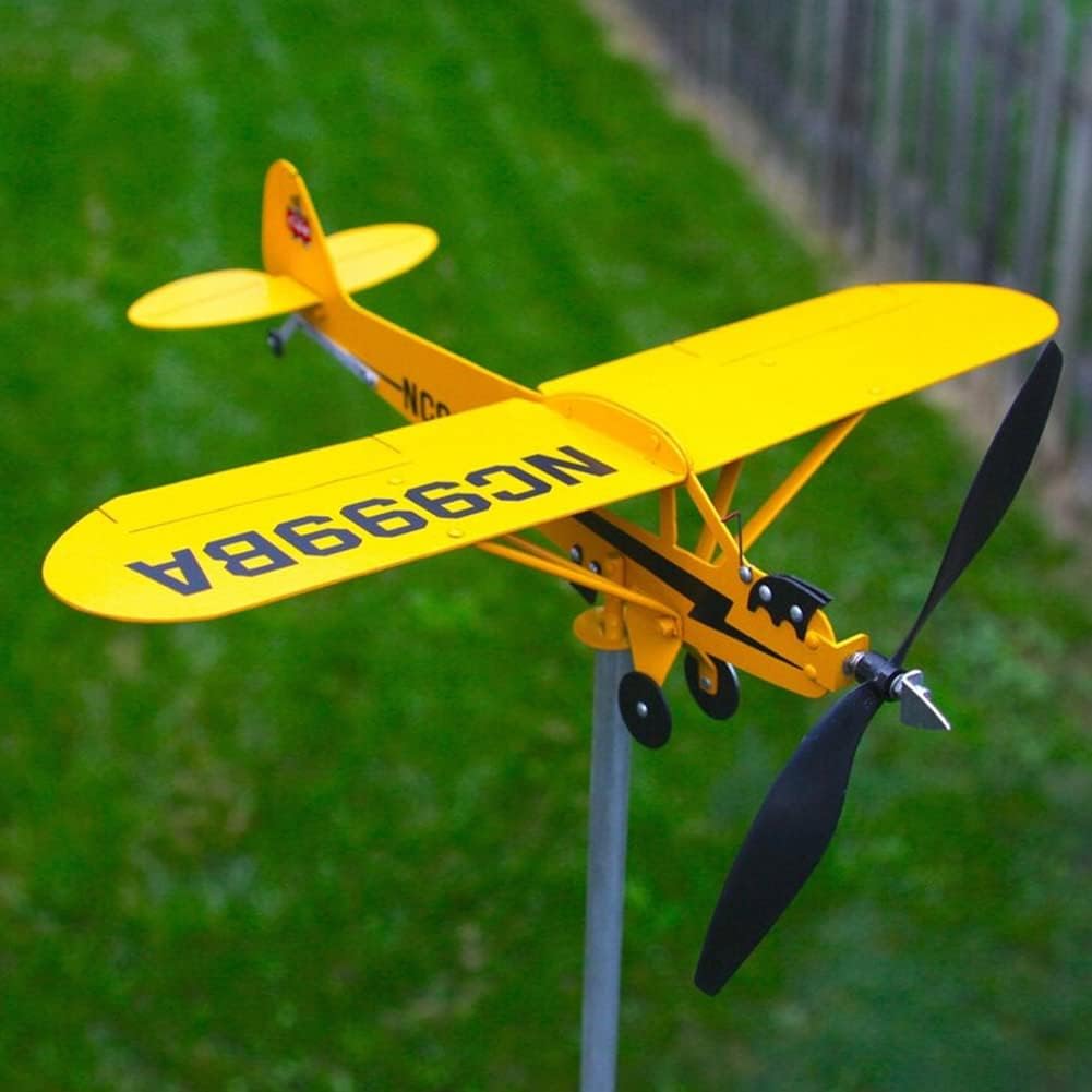 Veleta de avión Piper J3 Cub hecha a mano para patio, avión, molino de viento de metal, escultura al aire libre, modelo de avión (grande)