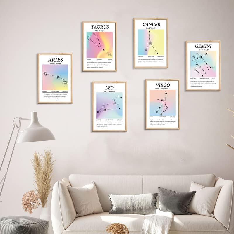 Juego de 6 pósteres de arte de pared impresos en lienzo de doce constelaciones, decoración de pared de astrología, decoración estética de