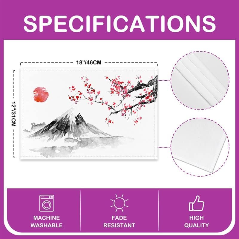 Juego de 4 manteles individuales de 12 x 18 pulgadas, diseño de flores de cerezo, estilo japonés, diseño de montaña de flores de Sakura, decoración