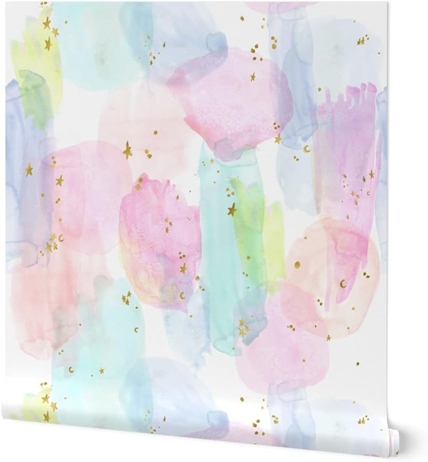 Spoonflower Papel tapiz para despegar y pegar, diseño de estrellas de acuarela de arcoíris, dorado, algodón, caramelo, pastel, unicornio, papel