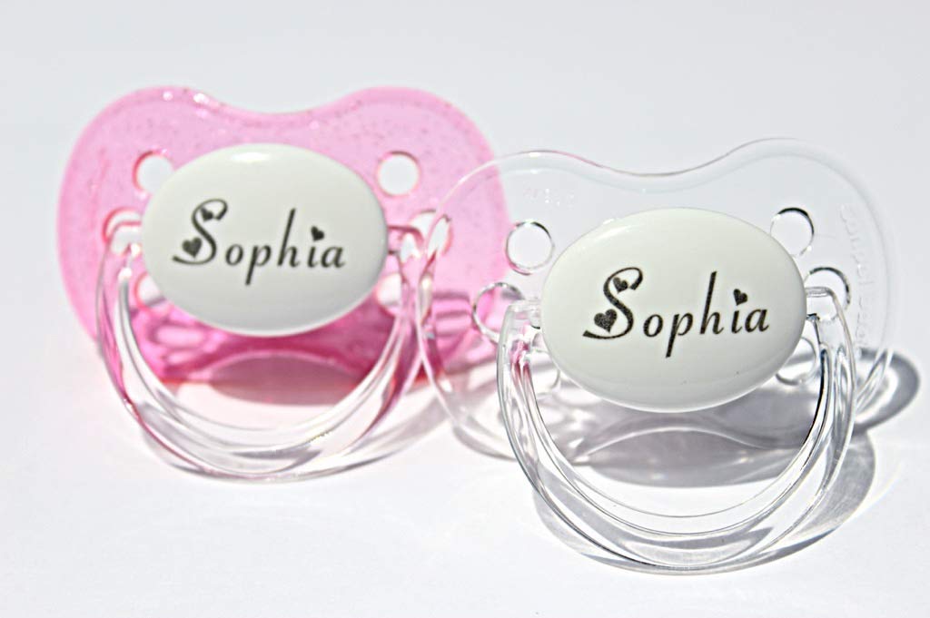 Chupete personalizado con nombre, paquete de 2 unidades con purpurina rosa y blanco, (disponible de 0 a 6 meses y 6 a 18 meses), chupete grabado,