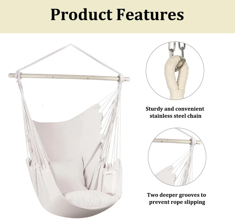 Silla de hamaca colgante con cuerda, silla colgante de lona gruesa que incluye 2 cojines de asiento, máximo 500 libras, hamaca columpio con barra de