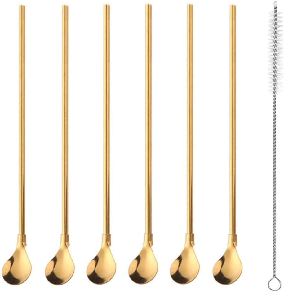 Falytemow Cucharas de acero inoxidable reutilizables, cucharas de cóctel de metal, pajitas con cepillo de limpieza largo para bebida, batidos,