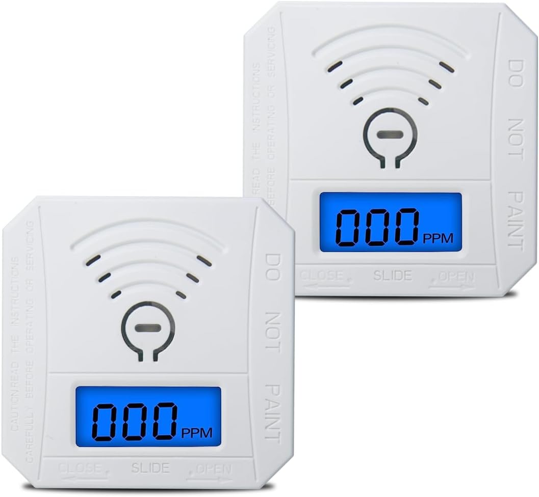 COOKSS Detector de monóxido de carbono, 2 unidades, alarma de monitor de gas CO con pantalla digital LCD y advertencia de sonido, alarma de CO de