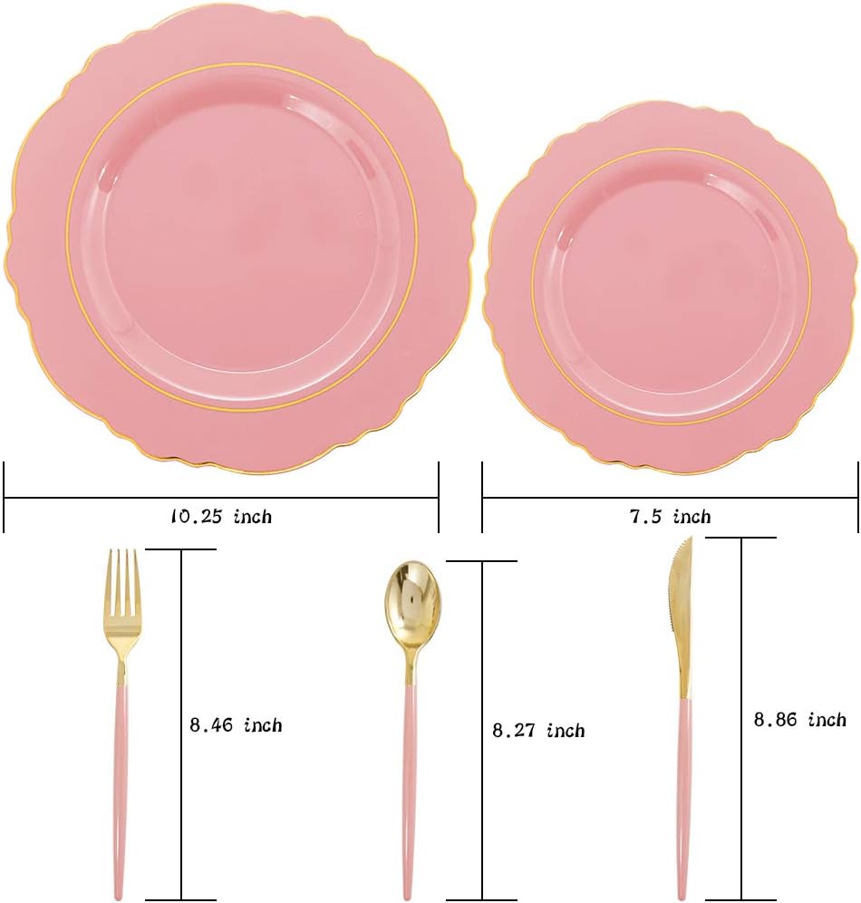 Nervure 100 platos de plástico rosa malva con borde dorado y 240 vasos de plástico dorados