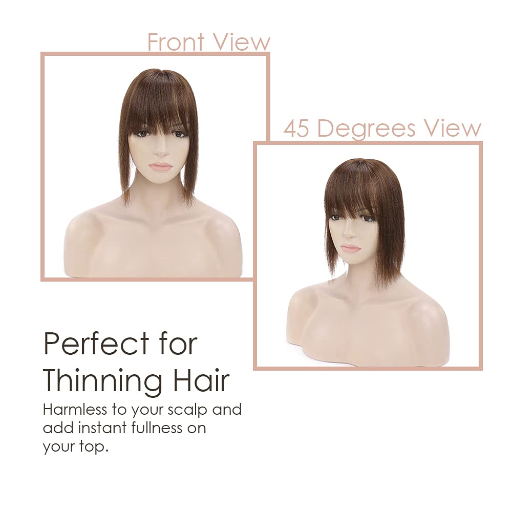 MY-LADY Toppers de cabello humano para mujer, cabello humano real para cabello fino, 2.8 x 5.1 in, base de seda, postizo con flequillo, densidad del