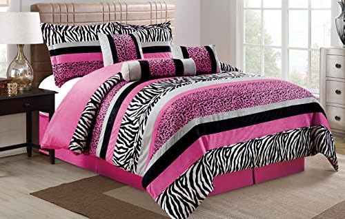Grand Linen Juego de edredón de 7 piezas de gran tamaño con estampado de leopardo, cebra rosa, negro, blanco, tamaño King, ropa de cama de 104 x 94
