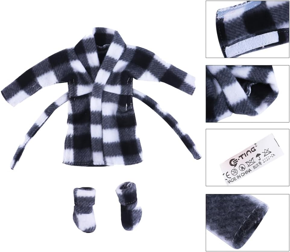 E-TING Ropa de Santa Albornoz Accesorios de Navidad para muñeca elfo (Albornoz a cuadros blancos y negros)