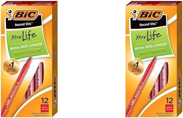 BIC Round Stic Xtra Life – Bolígrafos de punta media (0.039 pulgadas), rojo, paquete de 12 unidades, bolígrafos para suministros de oficina