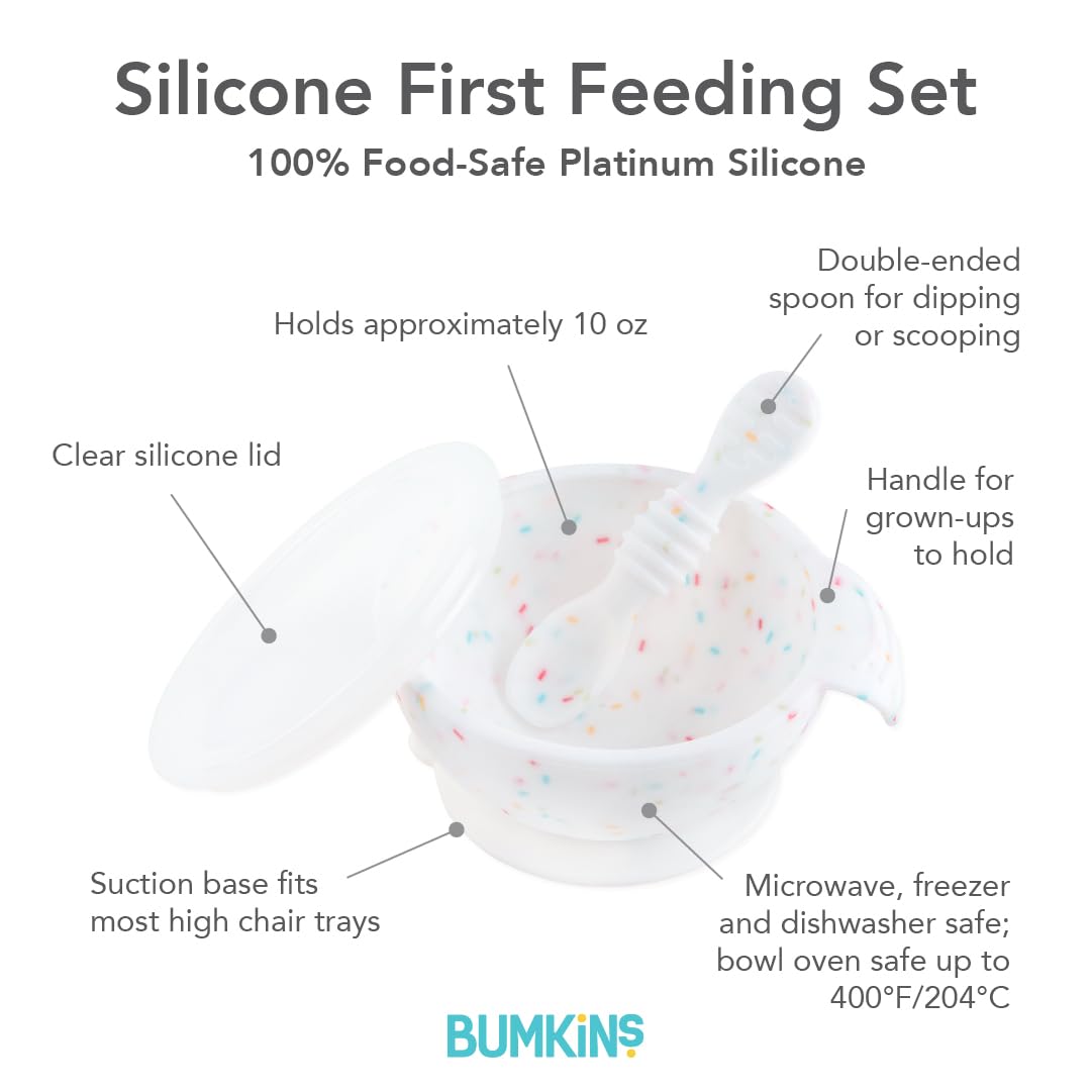 Bumkins Tazones para bebés, juego de alimentación de silicona, cuencos de succión para bebés y niños pequeños con cuchara y tapa, juego de primera