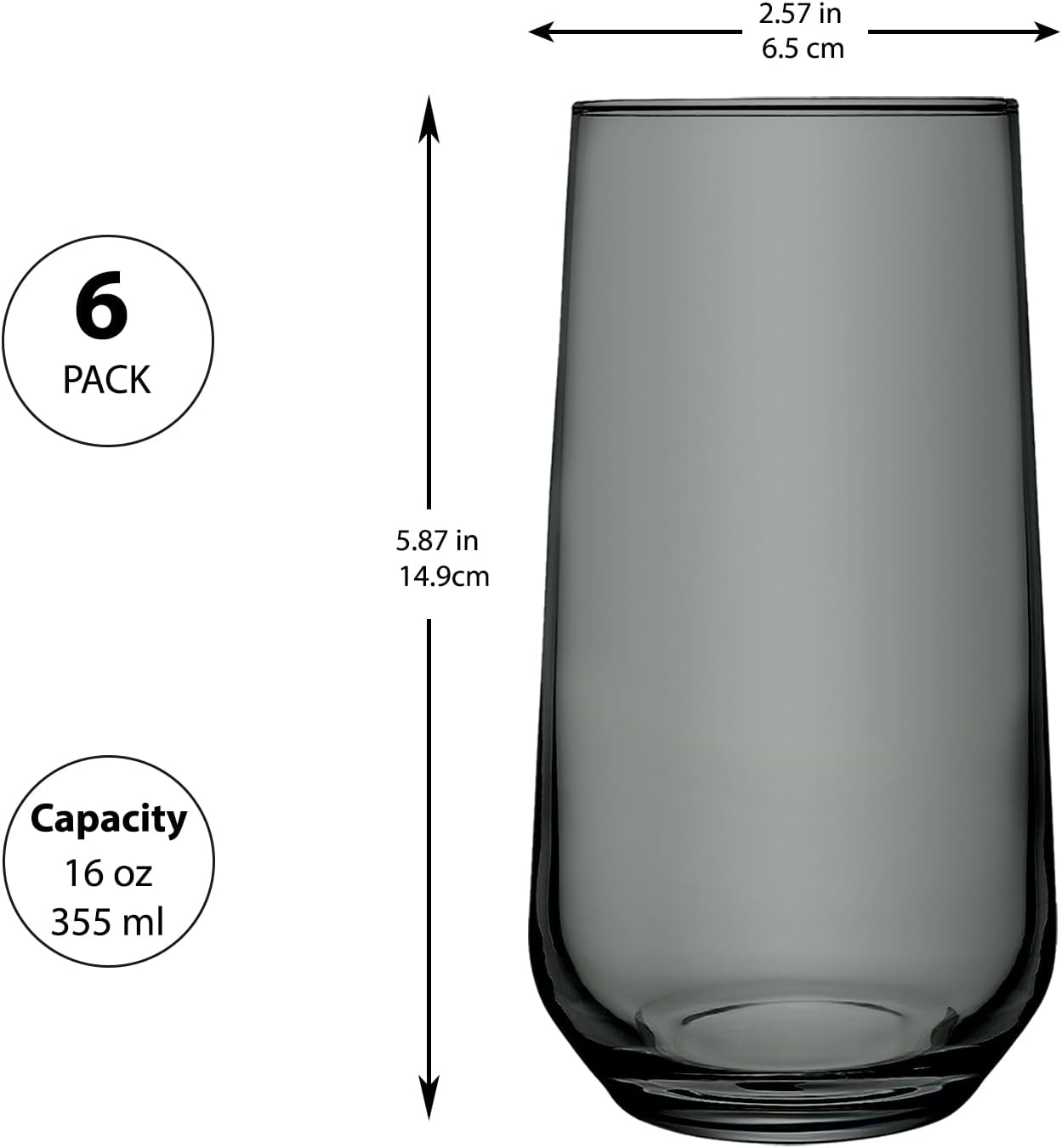 Juego de 6 vasos altos grises para cóctel, bebida larga, agua, jugo, té helado, mojito, cristalería de barra de color ahumado de 16 onzas