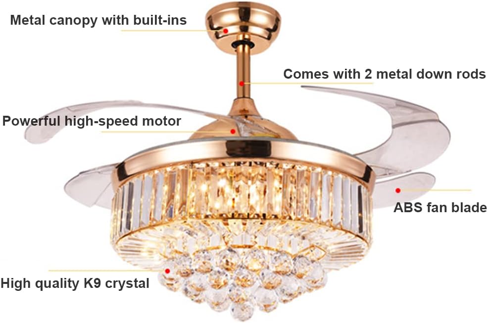 LUOLAX Candelabro de techo de cristal moderno de 42 pulgadas y control remoto, 3 colores y 3 velocidades de cambio, lámpara LED retráctil para sala