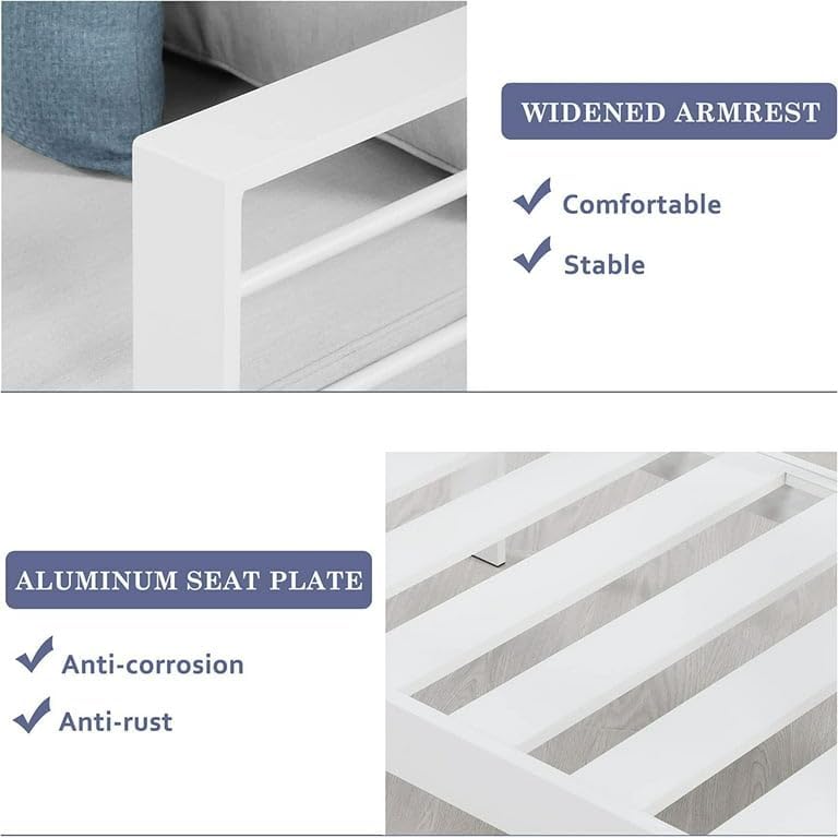 Kiss The Water Muebles de patio sofá de aluminio para todo tipo de clima, sofá de 3 asientos, silla de metal blanco con cojines gris claro
