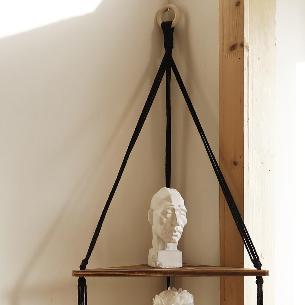 YardGo Estantes colgantes para pared, estante flotante de madera de 3 niveles de macramé, estantes de baño hechos a mano, estantes de almacenamiento