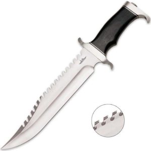 Gil Hibben Extreme Survival Survivor – Cuchillo Bowie con funda de cuero para cinturón, hoja de sierra de acero inoxidable 7Cr17, guardamanos y Gil Hibben Extreme Survival Survivor – Cuchillo Bowie con funda de cuero para cinturón, hoja de sierra de acero inoxidable 7Cr17, guardamanos y