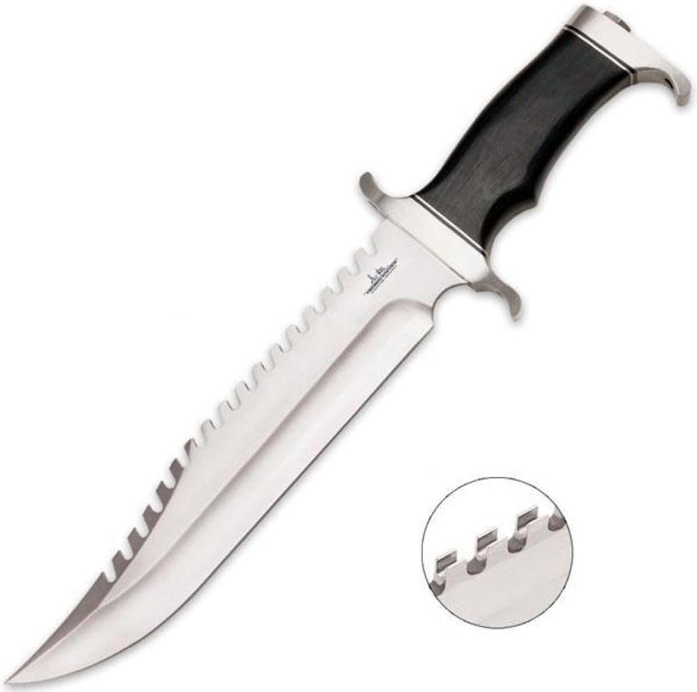 Gil Hibben Extreme Survival Survivor – Cuchillo Bowie con funda de cuero para cinturón, hoja de sierra de acero inoxidable 7Cr17, guardamanos y