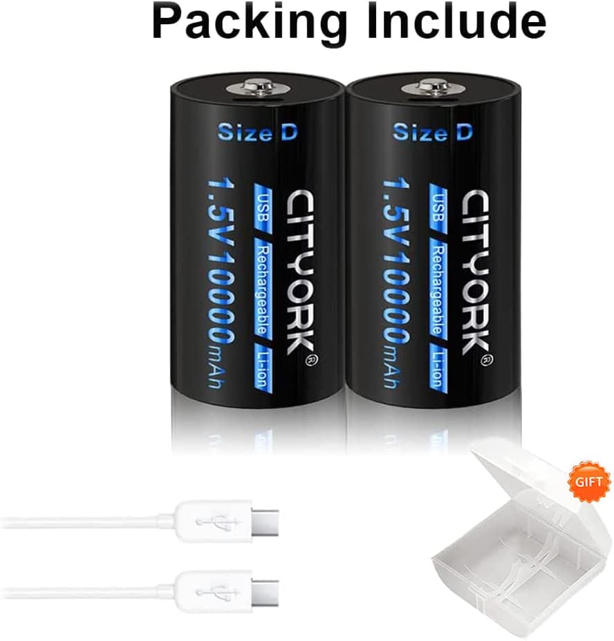 CITYORK Paquete de 2 baterías de litio recargables USB de 10000 mAh, puerto USB tipo C, batería de iones de litio de 1.5 V de salida constante,