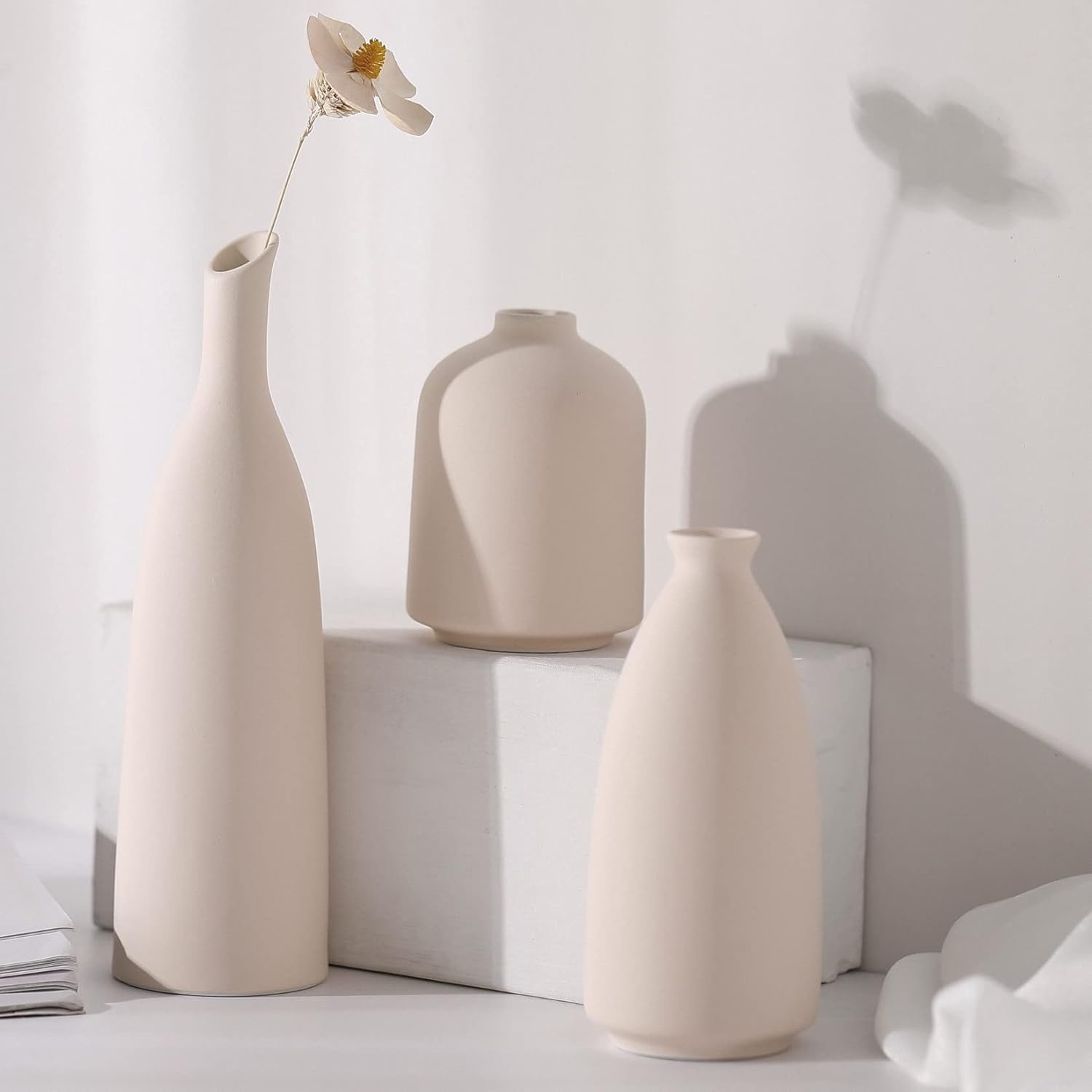 Jarrón de cerámica beige para decoración del hogar, 3 jarrones pequeños para decoración de mesa, florero de decoración de sala de estar, jarrones de