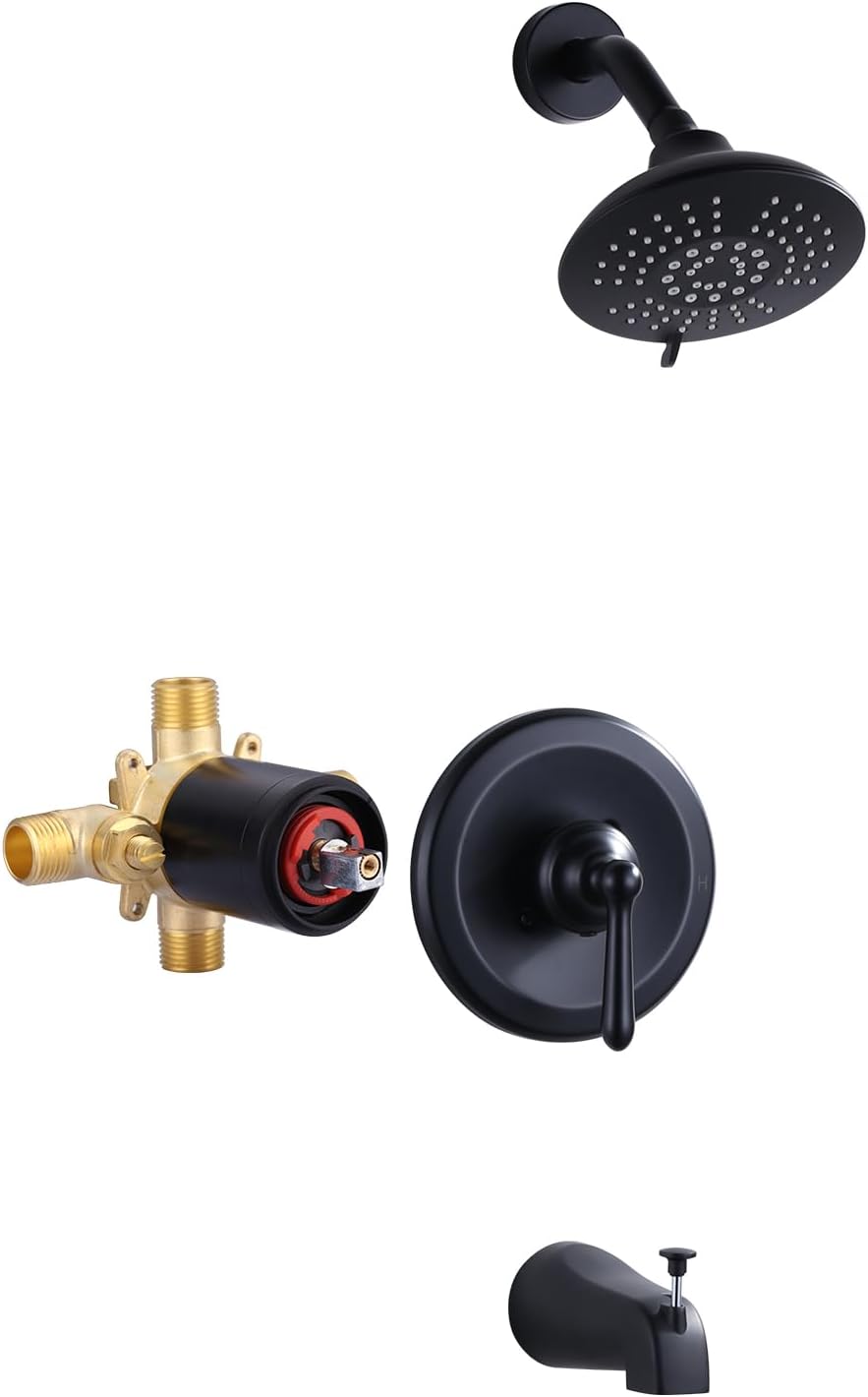 Juego de grifo de ducha negro mate ARCORA – Juego de grifo de ducha con cabezal de ducha de lluvia de 6 pulgadas y boquilla de bañera, kit de