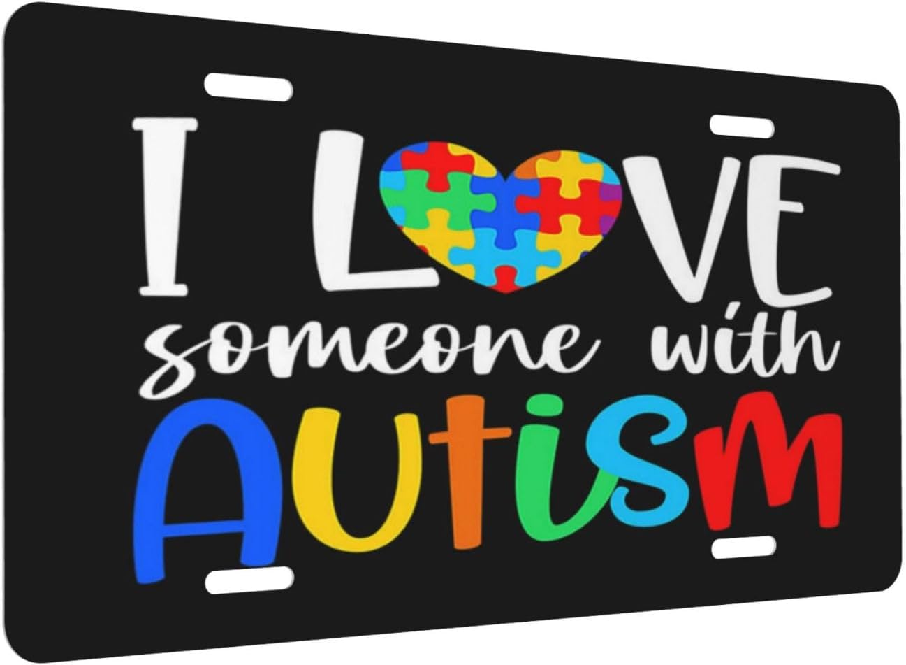 Placa de matrícula retro con texto en inglés “I Love Someone with Autismo”, placa de metal para automóvil, decoración del hogar para mujeres y