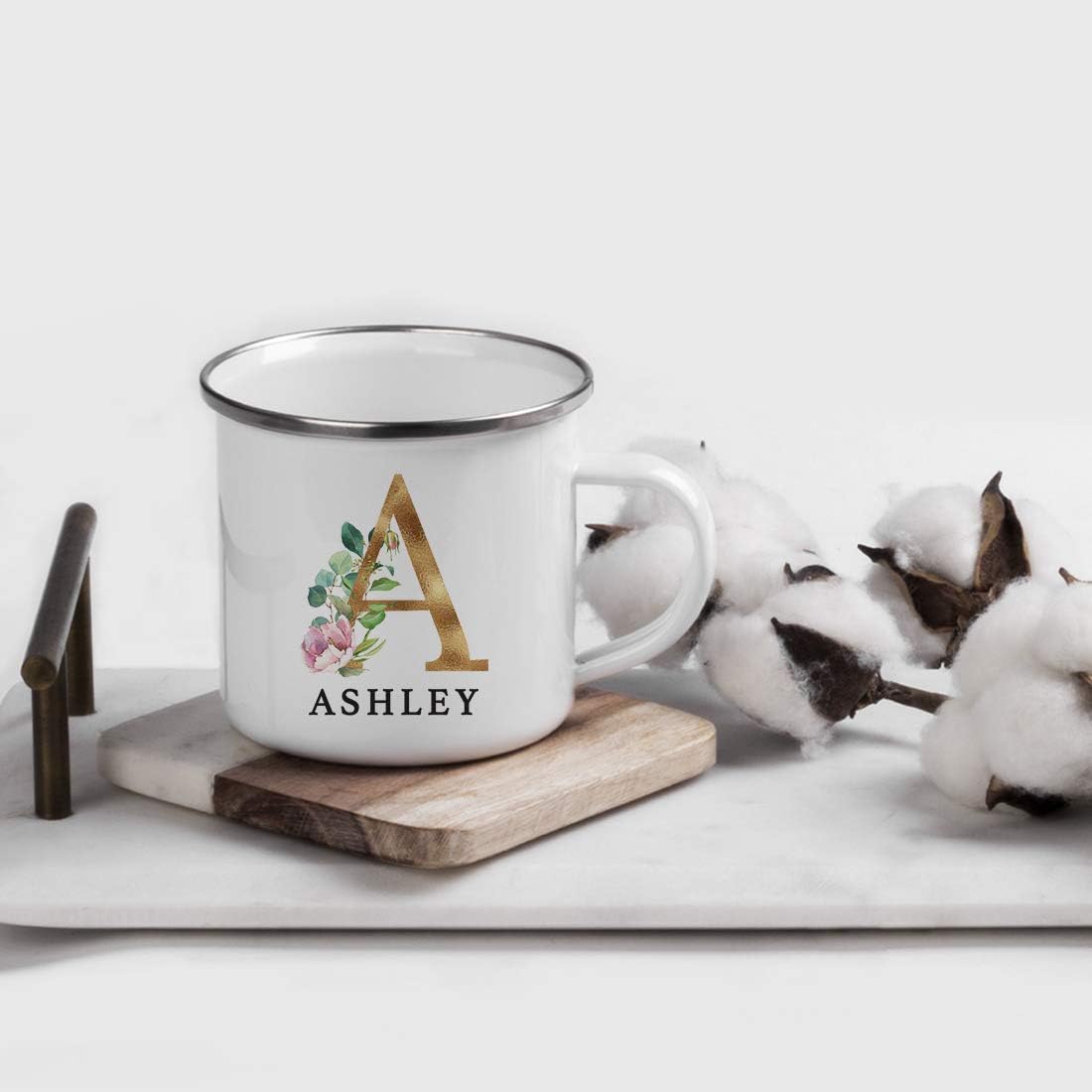 Andaz Press Taza de té personalizada de acero inoxidable de 11 onzas, regalo de taza de café con monograma de floración exuberante, nombre