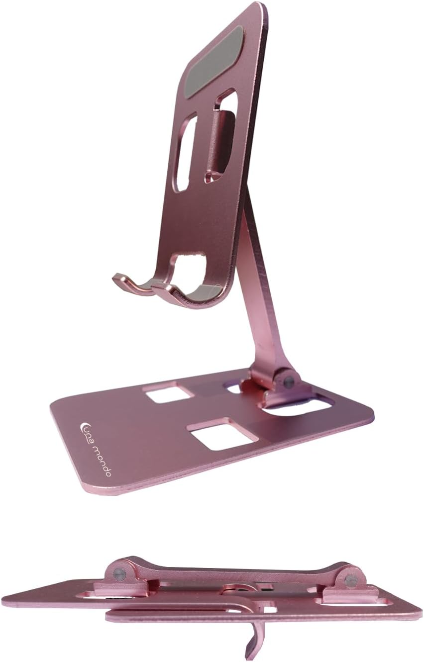 Soporte para teléfono, ligero, plegable y duradero con dos bisagras ajustables. Rosa metálico
