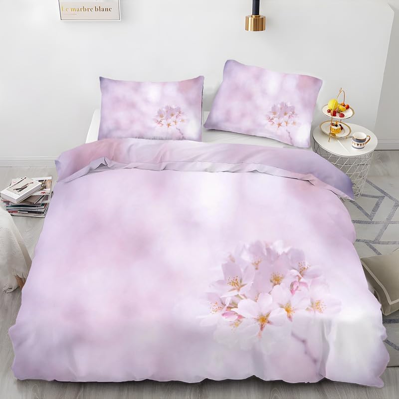 Pink Flowers California King Duvet Cover Plant Print Bedding Soft Microfiber Comforter Cover and 2 Pillow Shams 20″X36″, Bed Set Duvet Covers with