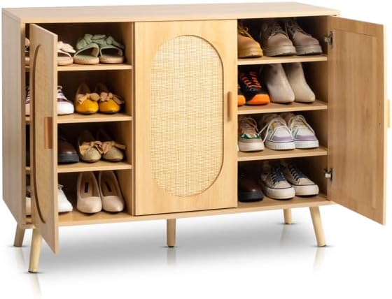 Aparador de 44.5 x 15.7 x 32.9 in con puertas de ratán natural, armario de almacenamiento de ratán con estantes ajustables, aparadores y buffets con