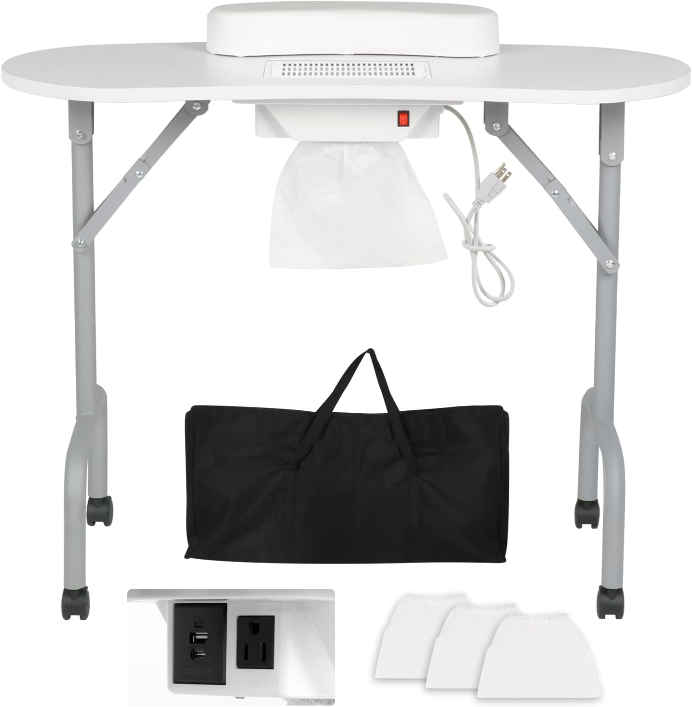 Mesa de manicura portátil plegable para uñas con estación de carga y colector de polvo, mesa profesional de tecnología de uñas para técnico, spa,
